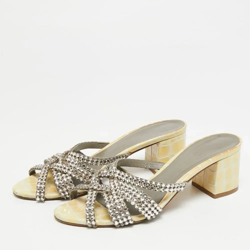 Gina Size 36.5 Cream/green Patent Leather Slide Sandals - Picture 2 of 7